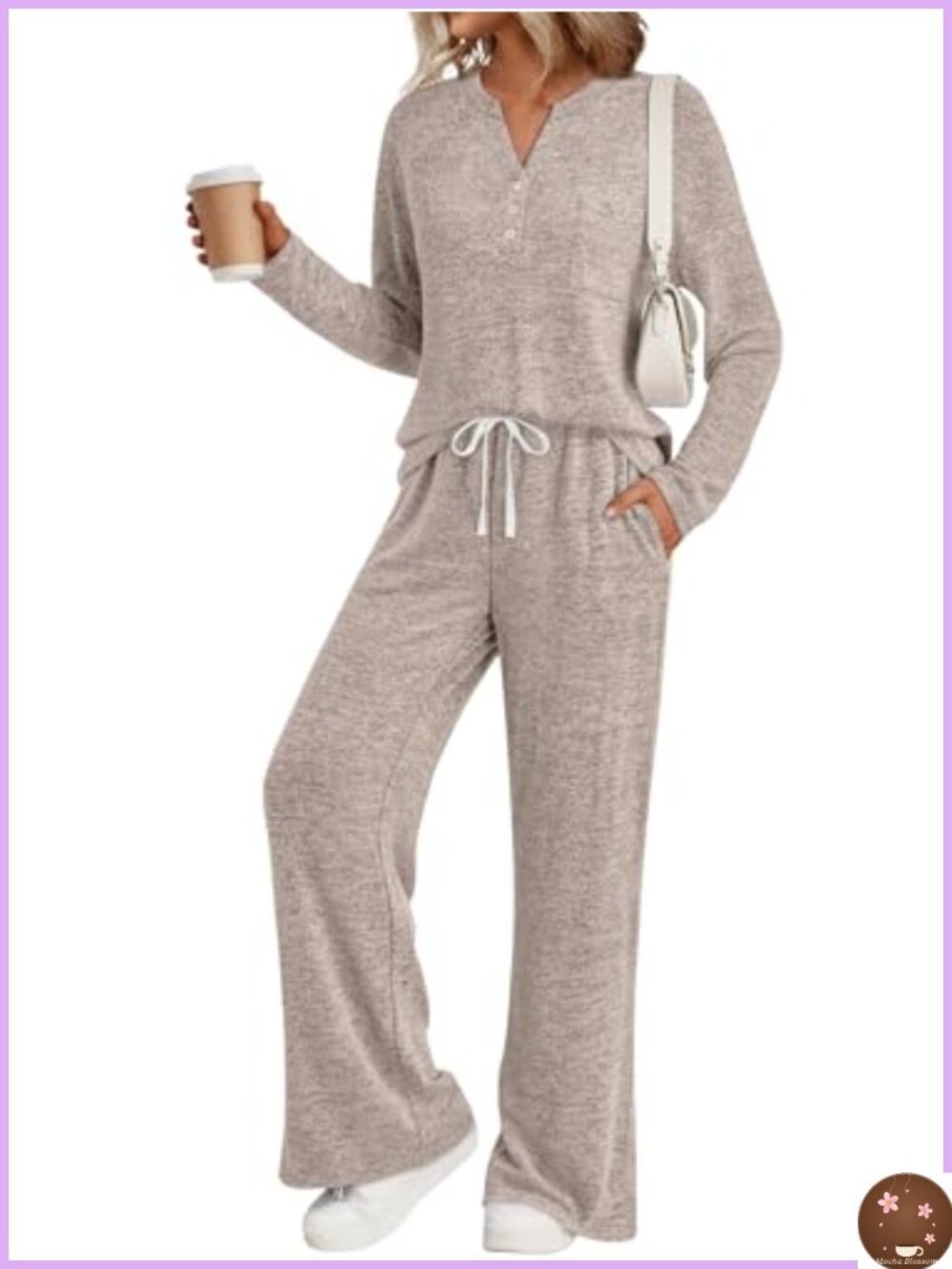 Women's 2 Piece Lounge Set Henley Sweatsuit with Pockets Brushed Fleece